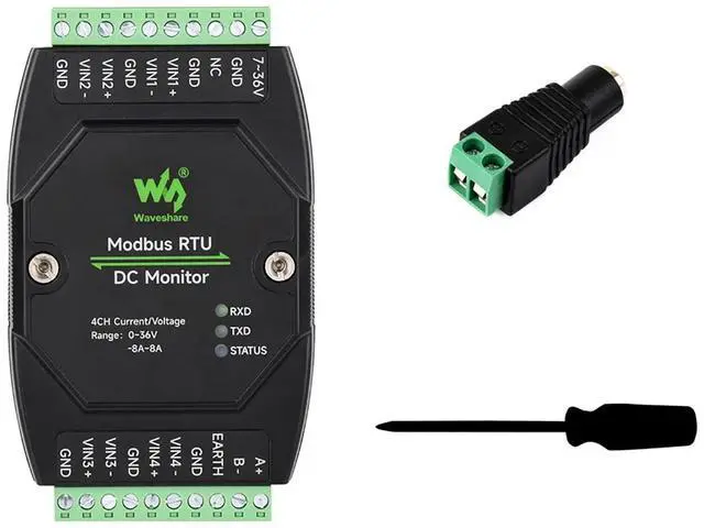 Main image of Modbus RTU DC Monitor 4CH, RS485 Voltage Current Power Meter, 16-bit High Precision, 36V & 8A Bidirectional Current, 7-36V Supply, DIN Rail Mount, Isolation/TVS/Fuse