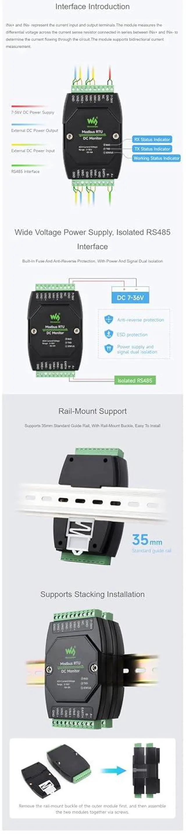 Alt view image 4 of 7 - Modbus RTU DC Monitor 4CH, RS485 Voltage Current Power Meter, 16-bit High Precision, 36V & 8A Bidirectional Current, 7-36V Supply, DIN Rail Mount, Isolation/TVS/Fuse