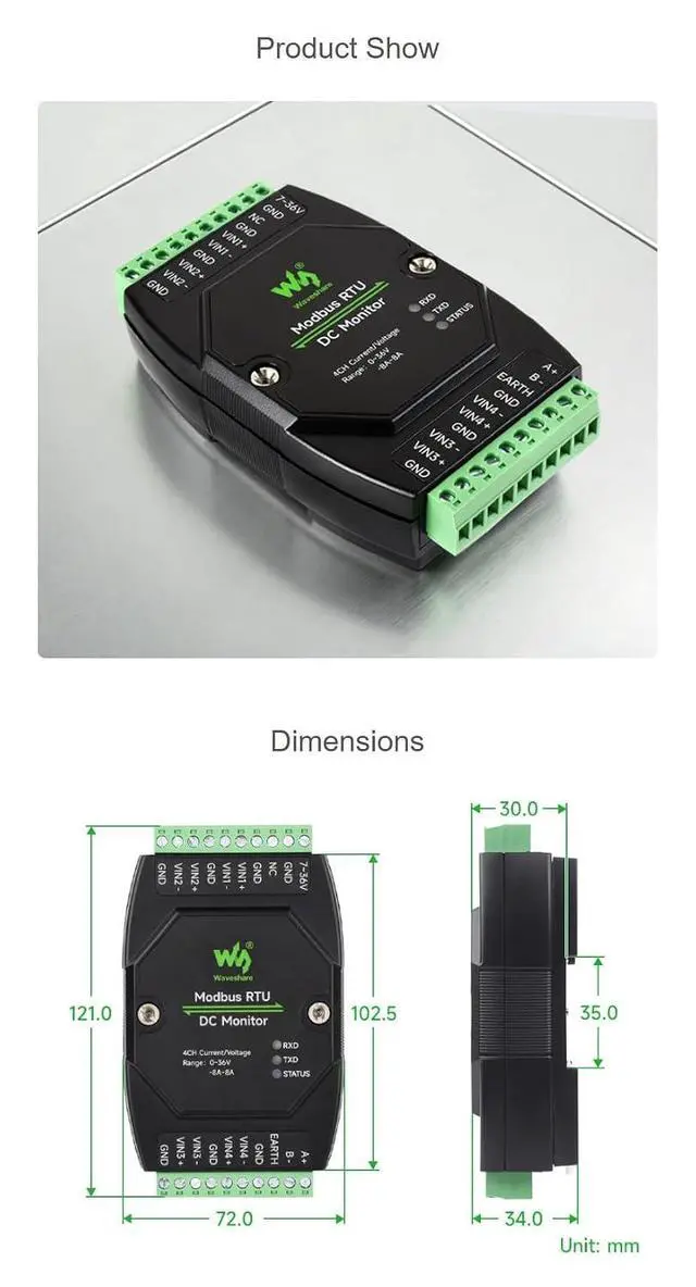 Alt view image 5 of 7 - Modbus RTU DC Monitor 4CH, RS485 Voltage Current Power Meter, 16-bit High Precision, 36V & 8A Bidirectional Current, 7-36V Supply, DIN Rail Mount, Isolation/TVS/Fuse