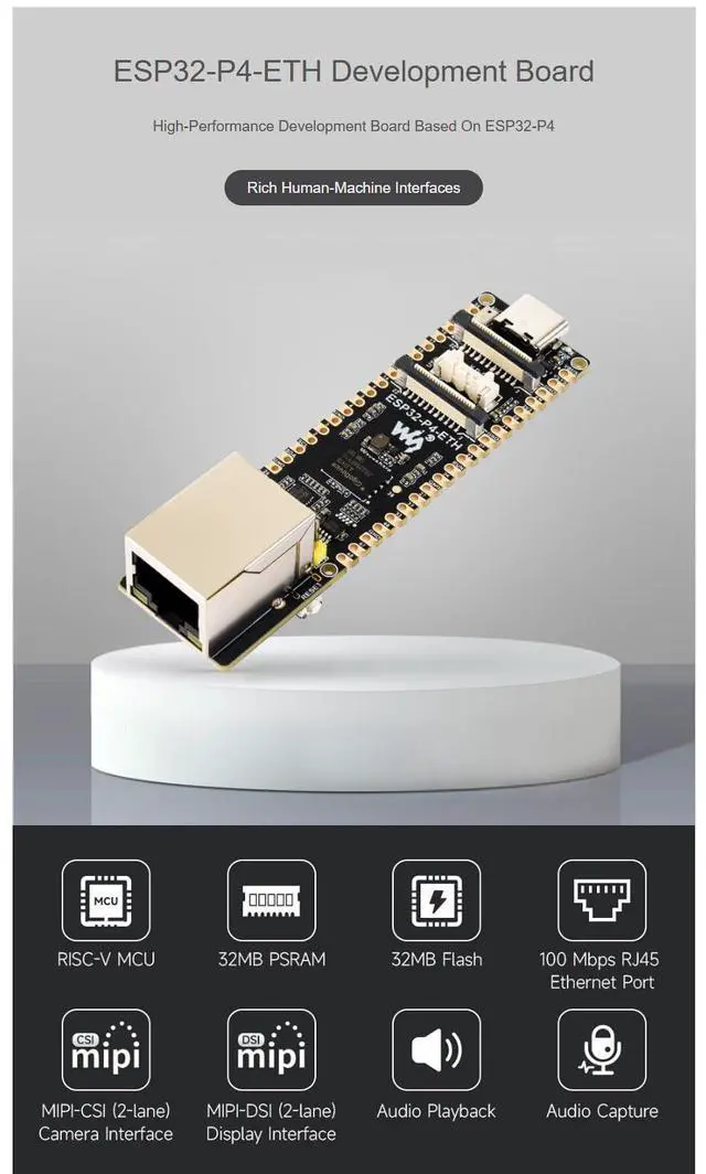 Alt view image 4 of 7 - ESP32-P4 PoE Ethernet Dev Board, 100Mbps RJ45 + PoE Power, USB-C Power Option, RISC-V MCU, 32MB PSRAM + 32MB Flash, MIPI-CSI/DSI, USB 2.0 OTG HS, 40-Pin Header, TF Slot