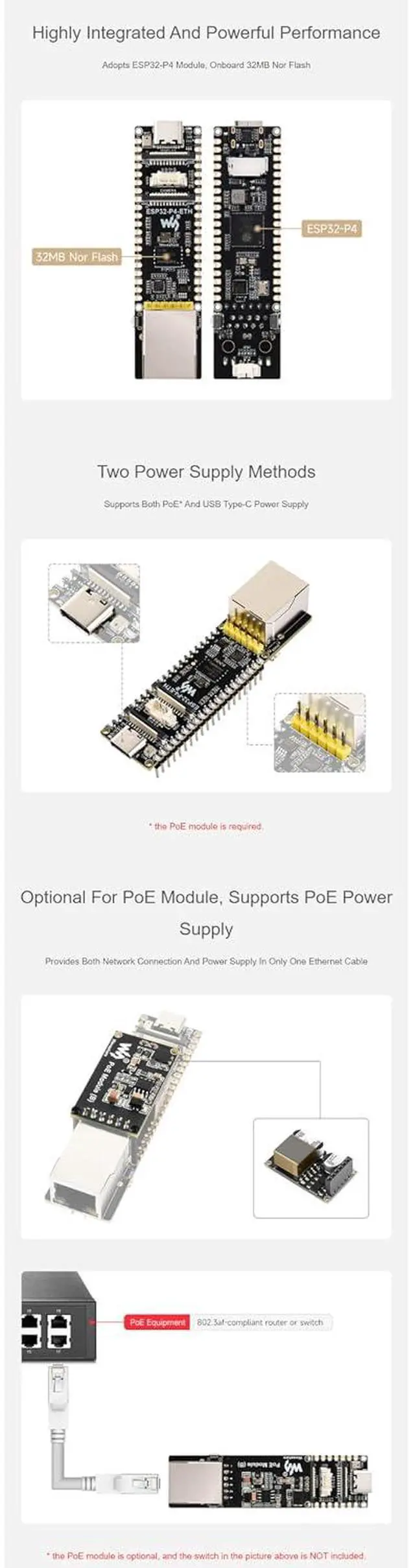 Alt view image 6 of 7 - ESP32-P4 PoE Ethernet Dev Board, 100Mbps RJ45 + PoE Power, USB-C Power Option, RISC-V MCU, 32MB PSRAM + 32MB Flash, MIPI-CSI/DSI, USB 2.0 OTG HS, 40-Pin Header, TF Slot