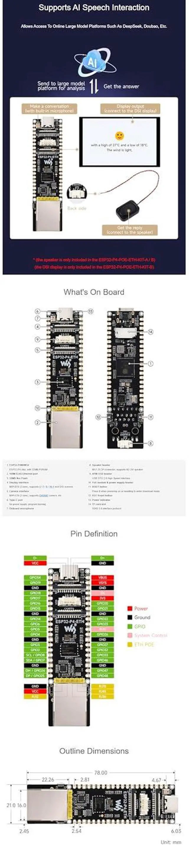 Alt view image 7 of 7 - ESP32-P4 PoE Ethernet Dev Board, 100Mbps RJ45 + PoE Power, USB-C Power Option, RISC-V MCU, 32MB PSRAM + 32MB Flash, MIPI-CSI/DSI, USB 2.0 OTG HS, 40-Pin Header, TF Slot