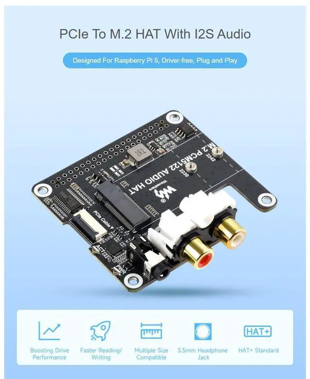 Alt view image 4 of 7 - M.2 NVMe + PCM5122 I2S Audio HAT for Raspberry Pi 5/Series, PCIe to M.2 M-Key 2230/2242 SSD Adapter, 3.5mm Headphone Jack + RCA, 32-bit/384kHz DAC, EEPROM Auto Load, LEDs