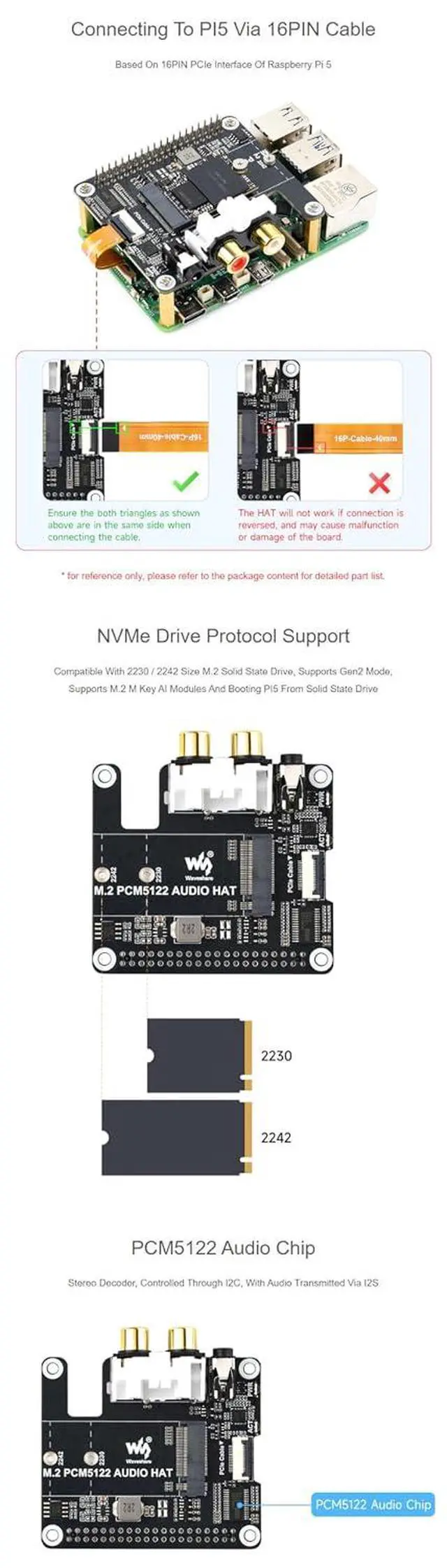 Alt view image 5 of 7 - M.2 NVMe + PCM5122 I2S Audio HAT for Raspberry Pi 5/Series, PCIe to M.2 M-Key 2230/2242 SSD Adapter, 3.5mm Headphone Jack + RCA, 32-bit/384kHz DAC, EEPROM Auto Load, LEDs