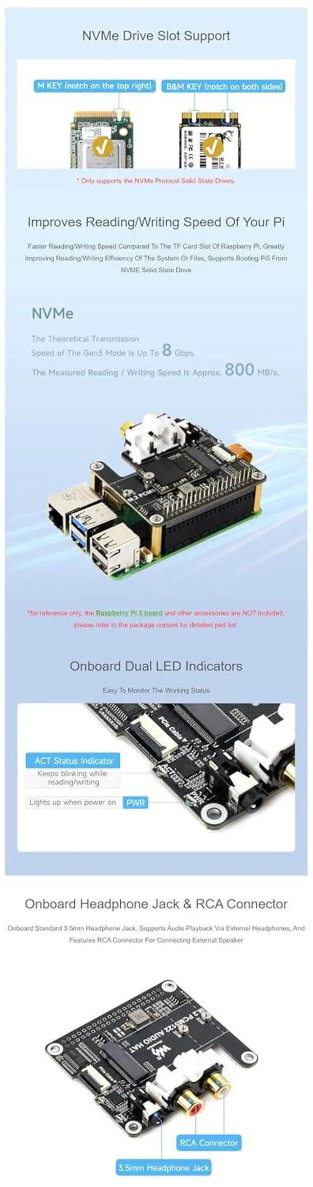 Alt view image 6 of 7 - M.2 NVMe + PCM5122 I2S Audio HAT for Raspberry Pi 5/Series, PCIe to M.2 M-Key 2230/2242 SSD Adapter, 3.5mm Headphone Jack + RCA, 32-bit/384kHz DAC, EEPROM Auto Load, LEDs