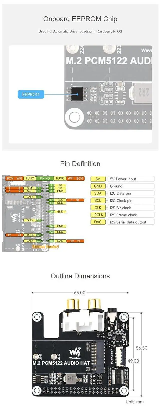 Alt view image 7 of 7 - M.2 NVMe + PCM5122 I2S Audio HAT for Raspberry Pi 5/Series, PCIe to M.2 M-Key 2230/2242 SSD Adapter, 3.5mm Headphone Jack + RCA, 32-bit/384kHz DAC, EEPROM Auto Load, LEDs