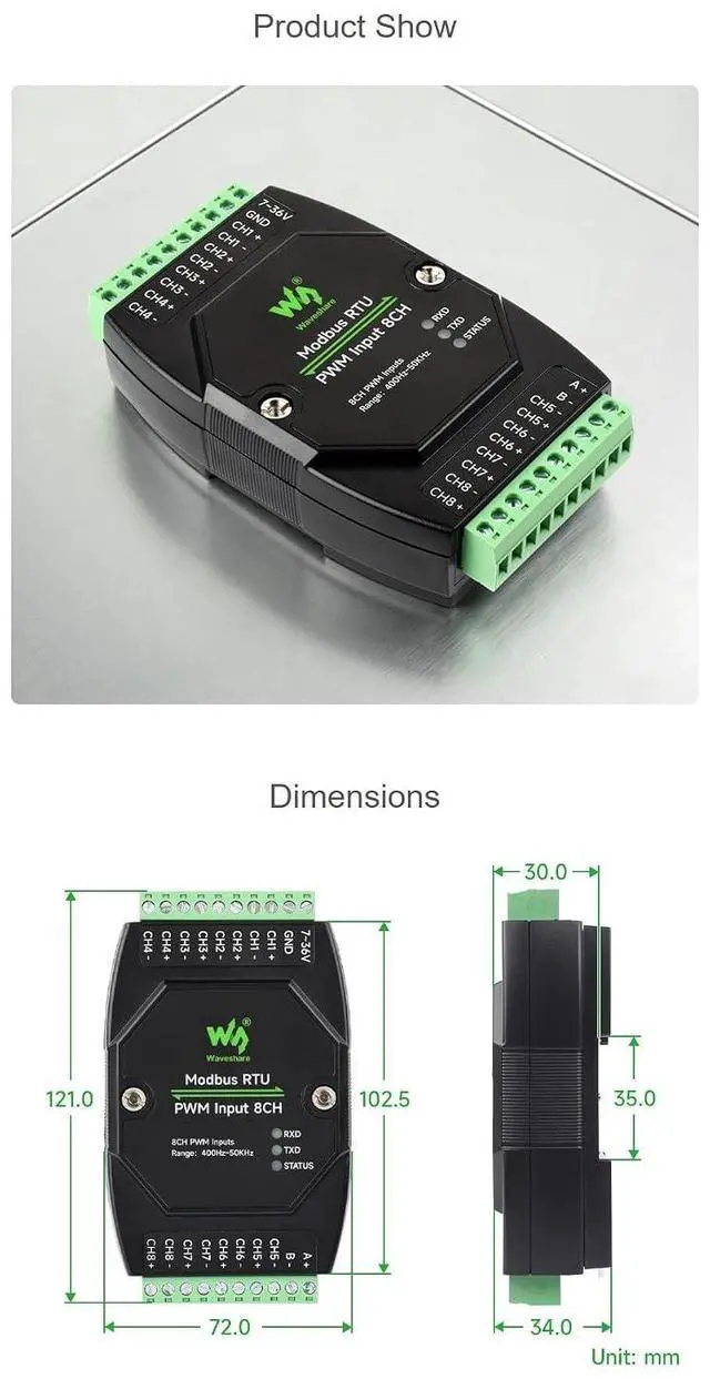 Alt view image 5 of 7 - Industrial RS485 Modbus RTU 8CH PWM Input Module, 8-Channel Pulse Frequency & Duty Cycle Reader, Optocoupler Isolated Inputs, 7-36V DC Power, DIN Rail Mount Case, TVS/Fuse Protection, Status LEDs