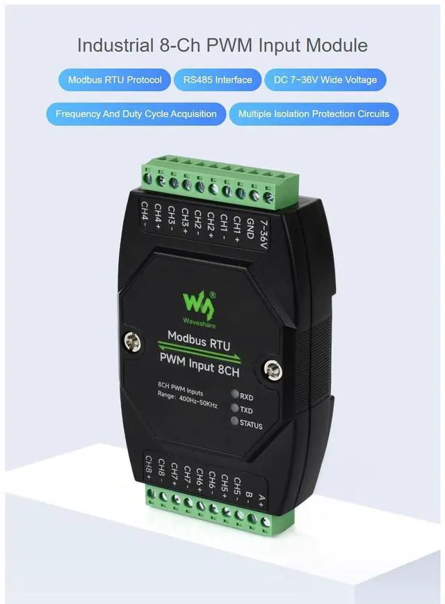 Alt view image 2 of 7 - Industrial RS485 Modbus RTU 8CH PWM Input Module, 8-Channel Pulse Frequency & Duty Cycle Reader, Optocoupler Isolated Inputs, 7-36V DC Power, DIN Rail Mount Case, TVS/Fuse Protection, Status LEDs
