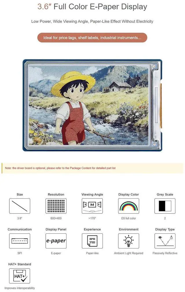 Alt view image 4 of 6 - 3.6inch E-Paper HAT+ Full Color E Ink Display 600×400 SPI, Low Power ePaper Screen Module for Raspberry Pi, Arduino, ESP32, 40PIN HAT Plus Price Tag Shelf Label
