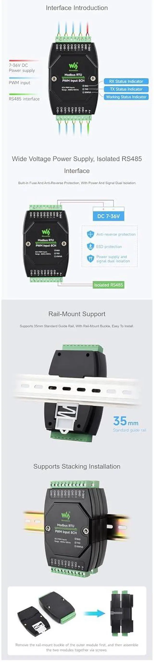 Alt view image 4 of 7 - Industrial RS485 Modbus RTU 8CH PWM Input Module, 8-Channel Pulse Frequency & Duty Cycle Reader, Optocoupler Isolated Inputs, 7-36V DC Power, DIN Rail Mount Case, TVS/Fuse Protection, Status LEDs