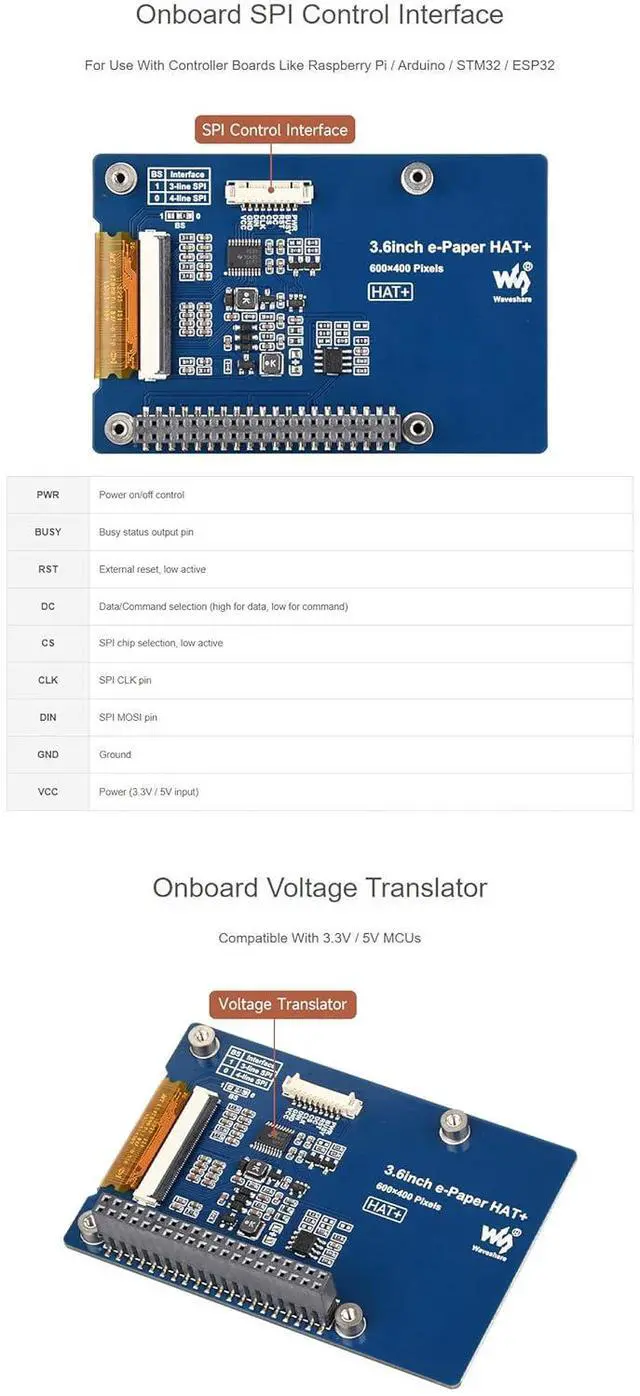 Alt view image 6 of 6 - 3.6inch E-Paper HAT+ Full Color E Ink Display 600×400 SPI, Low Power ePaper Screen Module for Raspberry Pi, Arduino, ESP32, 40PIN HAT Plus Price Tag Shelf Label