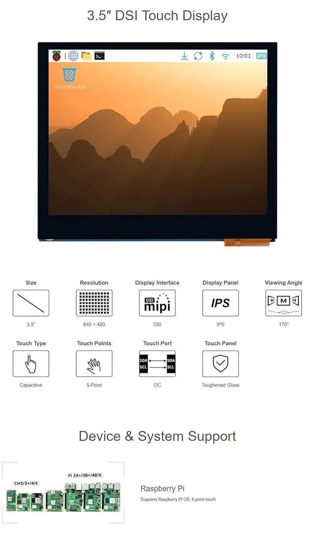 Alt view image 5 of 7 - 3.5 Inch DSI IPS LCD Touchscreen Monitor, 640×480 Capacitive 5-Point Touch, Plug-and-Play DSI Display Compatible with Raspberry Pi Boards, Compact Touch Screen for DIY Electronics & Pi Projects