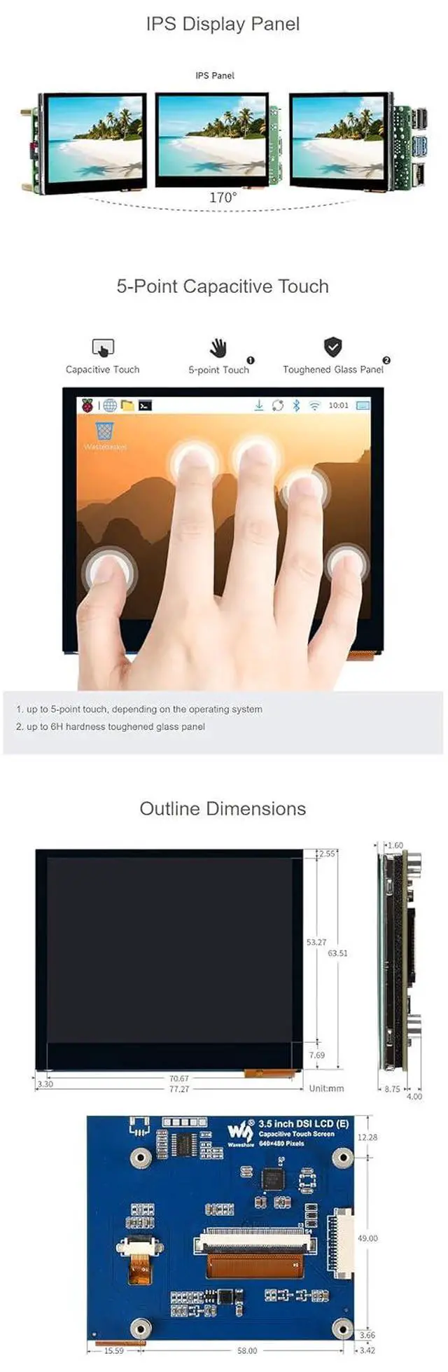 Alt view image 7 of 7 - 3.5 Inch DSI IPS LCD Touchscreen Monitor, 640×480 Capacitive 5-Point Touch, Plug-and-Play DSI Display Compatible with Raspberry Pi Boards, Compact Touch Screen for DIY Electronics & Pi Projects