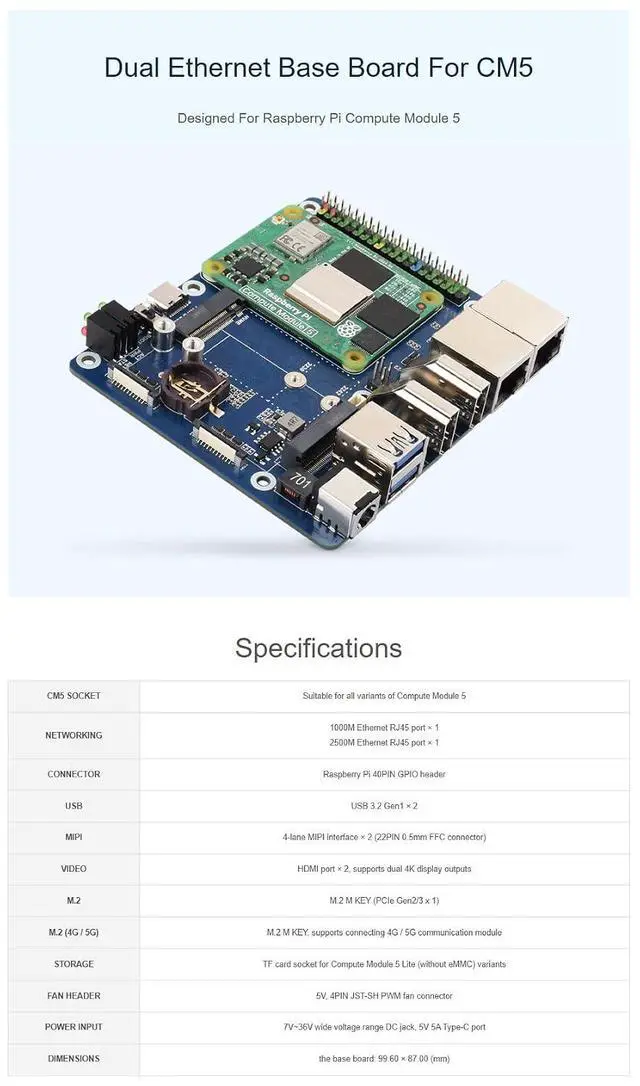 Alt view image 2 of 7 - Dual Ethernet Base Board for Raspberry Pi CM5 Dual 4K & Dual MIPI Display, M.2 B-Key 4G/5G Module Support (Module Sold Separately), Dual USB 3.2 Gen1, NVMe Slot, PoE Ready, 40PIN GPIO