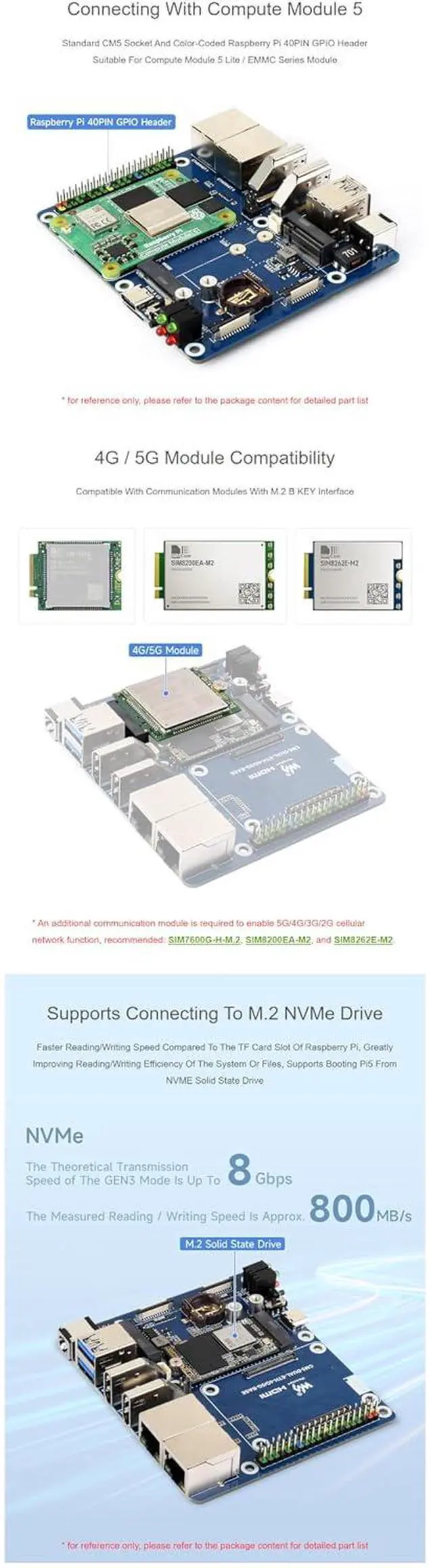 Alt view image 5 of 7 - Dual Ethernet Base Board for Raspberry Pi CM5 Dual 4K & Dual MIPI Display, M.2 B-Key 4G/5G Module Support (Module Sold Separately), Dual USB 3.2 Gen1, NVMe Slot, PoE Ready, 40PIN GPIO