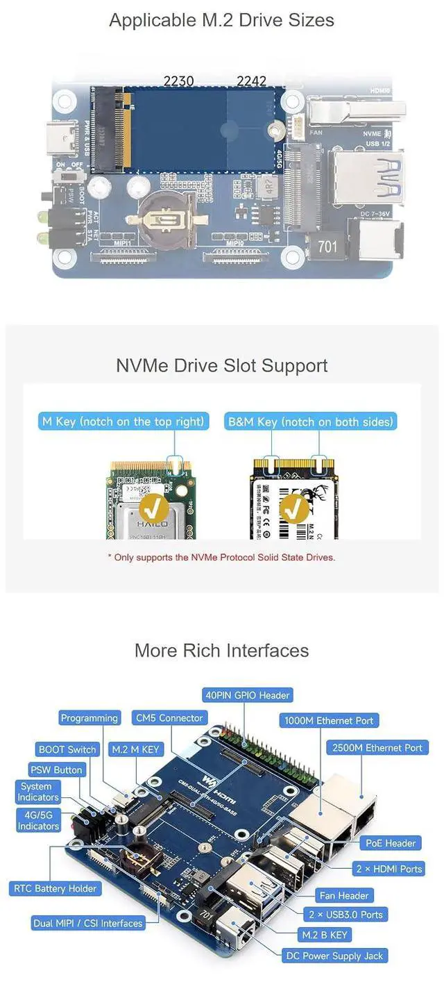 Alt view image 6 of 7 - Dual Ethernet Base Board for Raspberry Pi CM5 Dual 4K & Dual MIPI Display, M.2 B-Key 4G/5G Module Support (Module Sold Separately), Dual USB 3.2 Gen1, NVMe Slot, PoE Ready, 40PIN GPIO