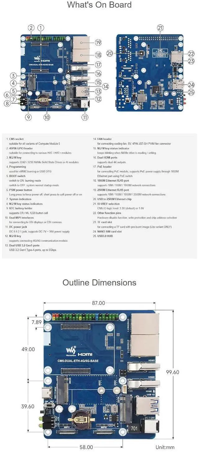 Alt view image 7 of 7 - Dual Ethernet Base Board for Raspberry Pi CM5 Dual 4K & Dual MIPI Display, M.2 B-Key 4G/5G Module Support (Module Sold Separately), Dual USB 3.2 Gen1, NVMe Slot, PoE Ready, 40PIN GPIO