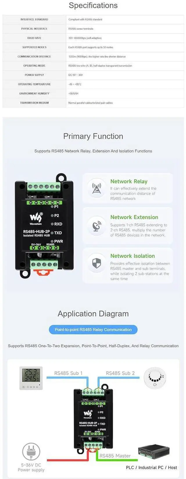 Alt view image 4 of 7 - RS485-HUB-2P Isolated RS485 Hub, 2-Port RS485 Expansion via 1 RS485 Master, Signal Repeater & Network Relay, Industrial-Grade with DIN Rail Mount, 300460800bps Baud Rate Support