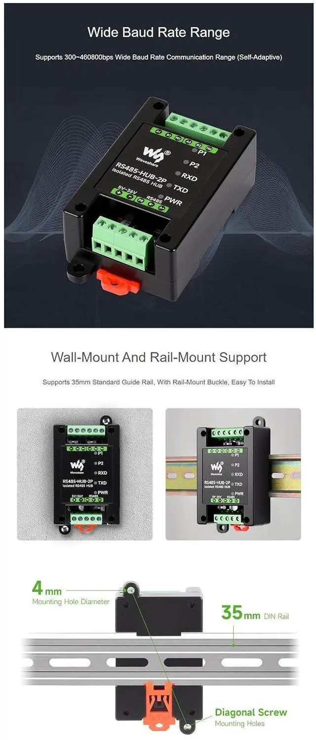 Alt view image 6 of 7 - RS485-HUB-2P Isolated RS485 Hub, 2-Port RS485 Expansion via 1 RS485 Master, Signal Repeater & Network Relay, Industrial-Grade with DIN Rail Mount, 300460800bps Baud Rate Support
