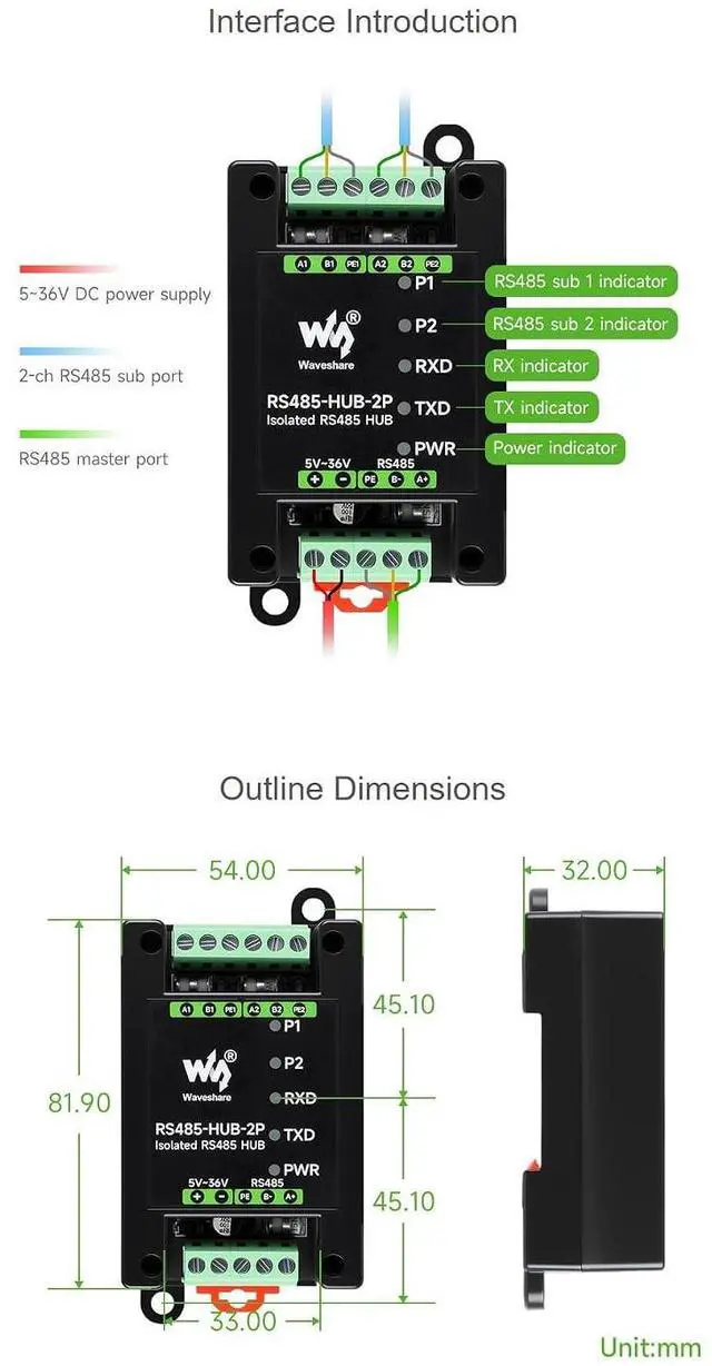 Alt view image 7 of 7 - RS485-HUB-2P Isolated RS485 Hub, 2-Port RS485 Expansion via 1 RS485 Master, Signal Repeater & Network Relay, Industrial-Grade with DIN Rail Mount, 300460800bps Baud Rate Support