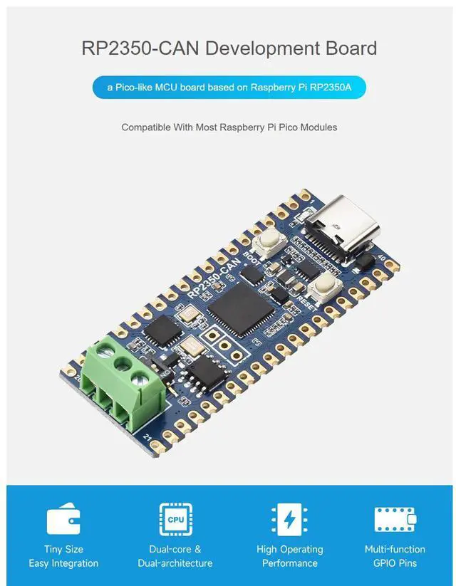 Alt view image 4 of 7 - RP2350-CAN Development Board, Dual-Core Pi RP2350A Microcontroller, CAN Bus Controller XL2515, 150MHz, Pico-Compatible, C/C++ MicroPython Support