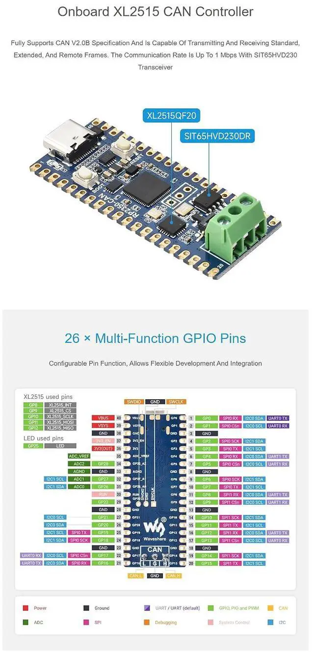 Alt view image 6 of 7 - RP2350-CAN Development Board, Dual-Core Pi RP2350A Microcontroller, CAN Bus Controller XL2515, 150MHz, Pico-Compatible, C/C++ MicroPython Support