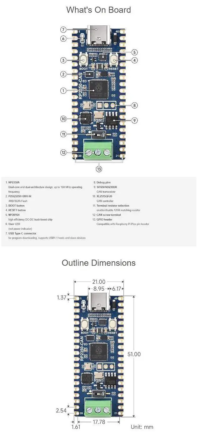 Alt view image 7 of 7 - RP2350-CAN Development Board, Dual-Core Pi RP2350A Microcontroller, CAN Bus Controller XL2515, 150MHz, Pico-Compatible, C/C++ MicroPython Support