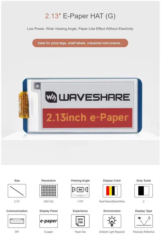 Alt view image 4 of 7 - 2.13 Inch e-Paper Display HAT G, E-Ink Screen 250x122 Red/Yellow/Black/White, SPI Interface, Compatible with Raspberry Pi Arduino STM32, Low Power E-Ink Module for Labels & Tags