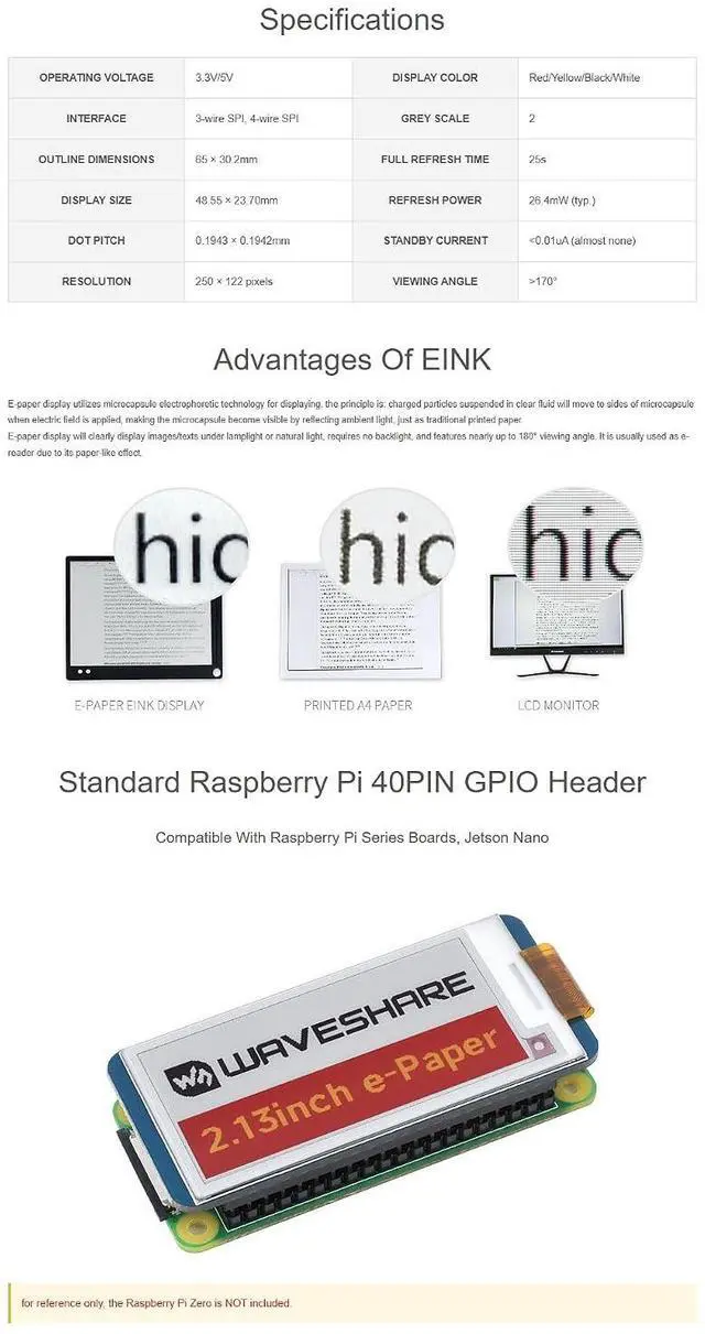 Alt view image 5 of 7 - 2.13 Inch e-Paper Display HAT G, E-Ink Screen 250x122 Red/Yellow/Black/White, SPI Interface, Compatible with Raspberry Pi Arduino STM32, Low Power E-Ink Module for Labels & Tags