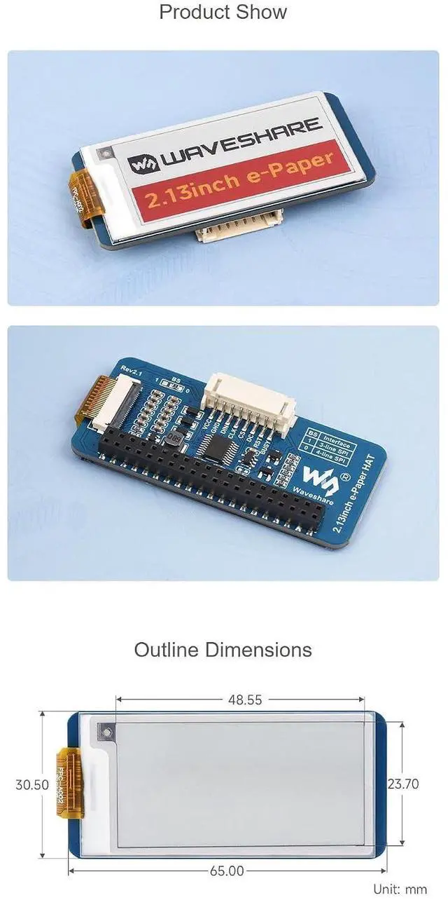 Alt view image 7 of 7 - 2.13 Inch e-Paper Display HAT G, E-Ink Screen 250x122 Red/Yellow/Black/White, SPI Interface, Compatible with Raspberry Pi Arduino STM32, Low Power E-Ink Module for Labels & Tags