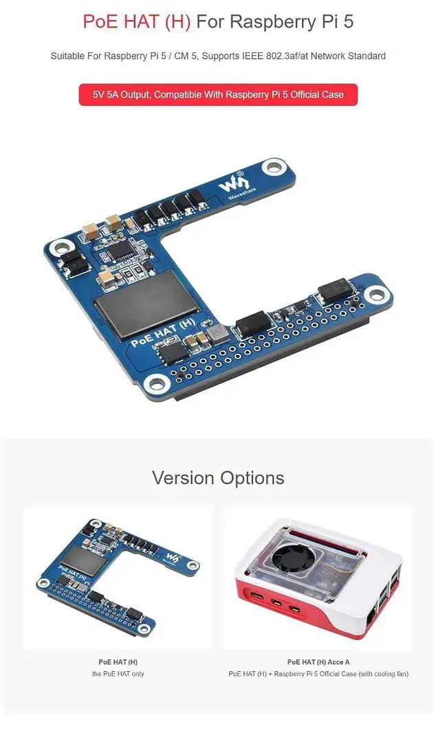 Alt view image 2 of 7 - Fits Raspberry Pi 5 PoE HAT (H) - 5V 5A Output, IEEE 802.3af/at Compliant Power Over Ethernet HAT for Pi 5/CM5, Compact Design, Come with Official Pi Case