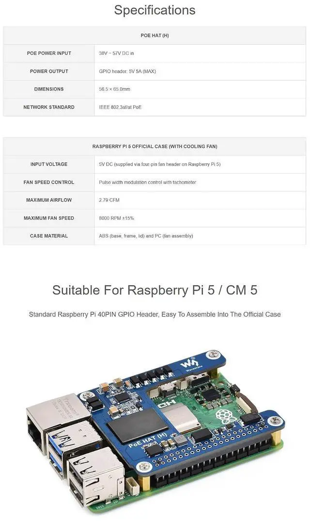 Alt view image 3 of 7 - Fits Raspberry Pi 5 PoE HAT (H) - 5V 5A Output, IEEE 802.3af/at Compliant Power Over Ethernet HAT for Pi 5/CM5, Compact Design, Come with Official Pi Case