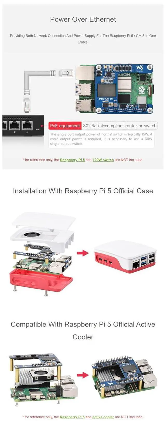 Alt view image 4 of 7 - Fits Raspberry Pi 5 PoE HAT (H) - 5V 5A Output, IEEE 802.3af/at Compliant Power Over Ethernet HAT for Pi 5/CM5, Compact Design, Come with Official Pi Case