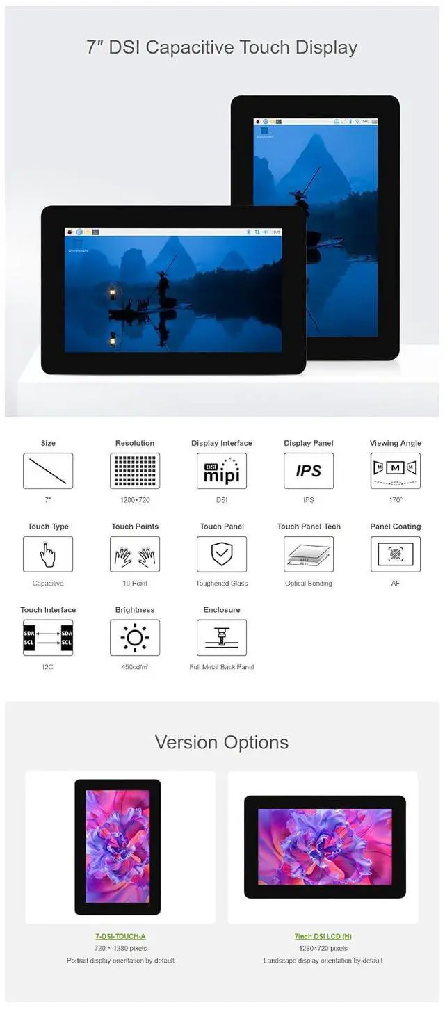 Alt view image 4 of 7 - 7inch DSI Capacitive Touch Screen Display - 1280x720 IPS Panel, 10-Point Touch, Optical Bonding & Anti-Fingerprint Glass, Fits Raspberry Pi, ESP32-P4, RK3506/RK3576 for Programming & Development
