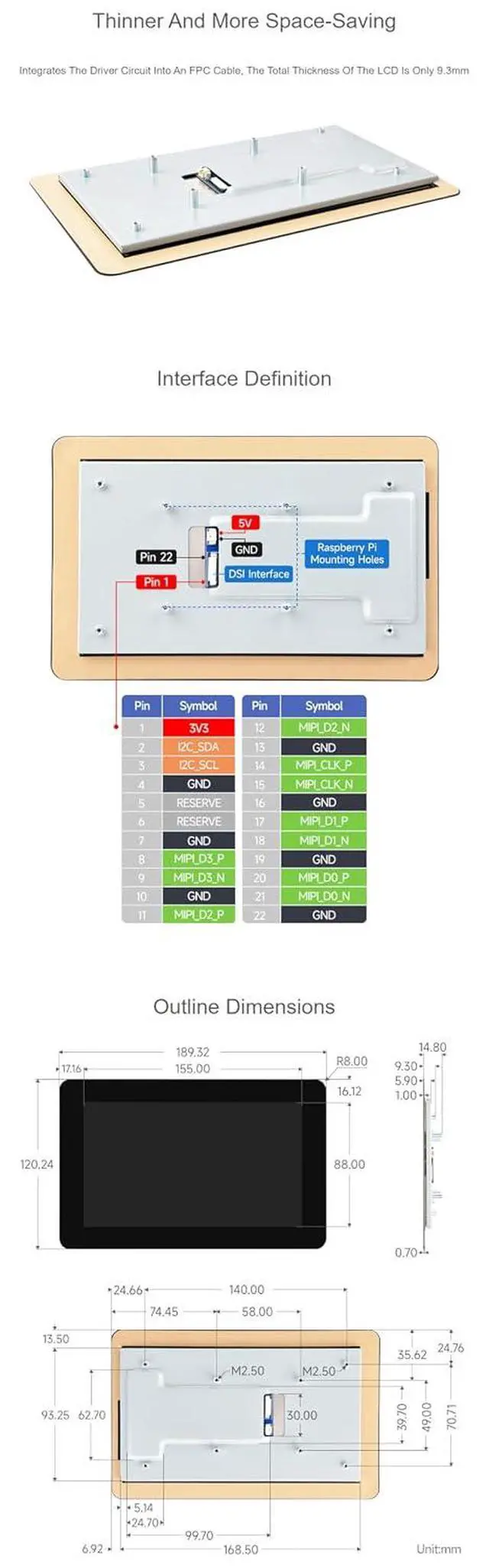 Alt view image 7 of 7 - 7inch DSI Capacitive Touch Screen Display - 1280x720 IPS Panel, 10-Point Touch, Optical Bonding & Anti-Fingerprint Glass, Fits Raspberry Pi, ESP32-P4, RK3506/RK3576 for Programming & Development