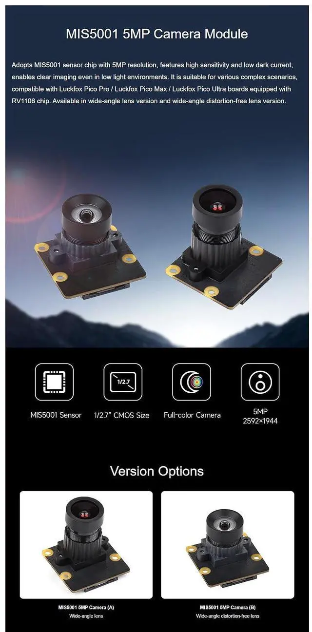Alt view image 2 of 7 - MIS5001 5MP Wide-Angle Camera Module, High Sensitivity & Low Dark Current, Low-Light Imaging, Compatible with Luckfox Pico Pro/Max/Ultra RV1106 Boards for IoT, Machine Vision Distortion-Free Lens