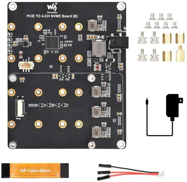 Main image of PCIe to 4-Ch NVMe M.2 Adapter Board for Raspberry Pi 5 | 4-Ch SSD Expansion | Boot Support | 7V-24V Power Input | LED Indicators with Power Supply