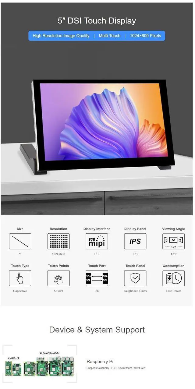 Alt view image 4 of 7 - 5 Inch DSI Touch Display for Raspberry Pi 5, IPS Panel, 1024x600 Resolution, Multi-Touch, Adjustable Brightness