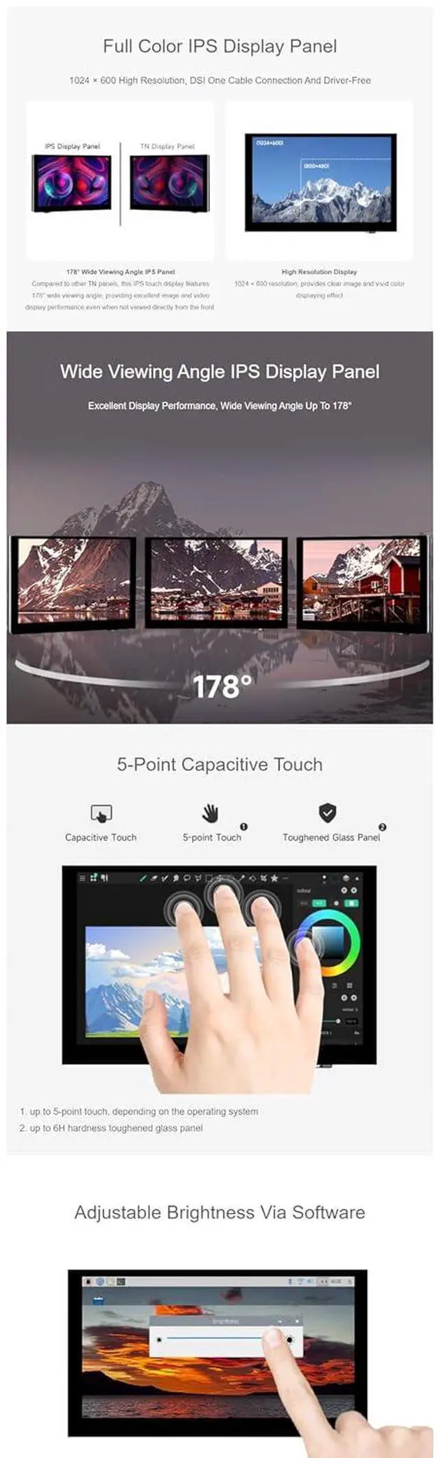 Alt view image 6 of 7 - 5 Inch DSI Touch Display for Raspberry Pi 5, IPS Panel, 1024x600 Resolution, Multi-Touch, Adjustable Brightness