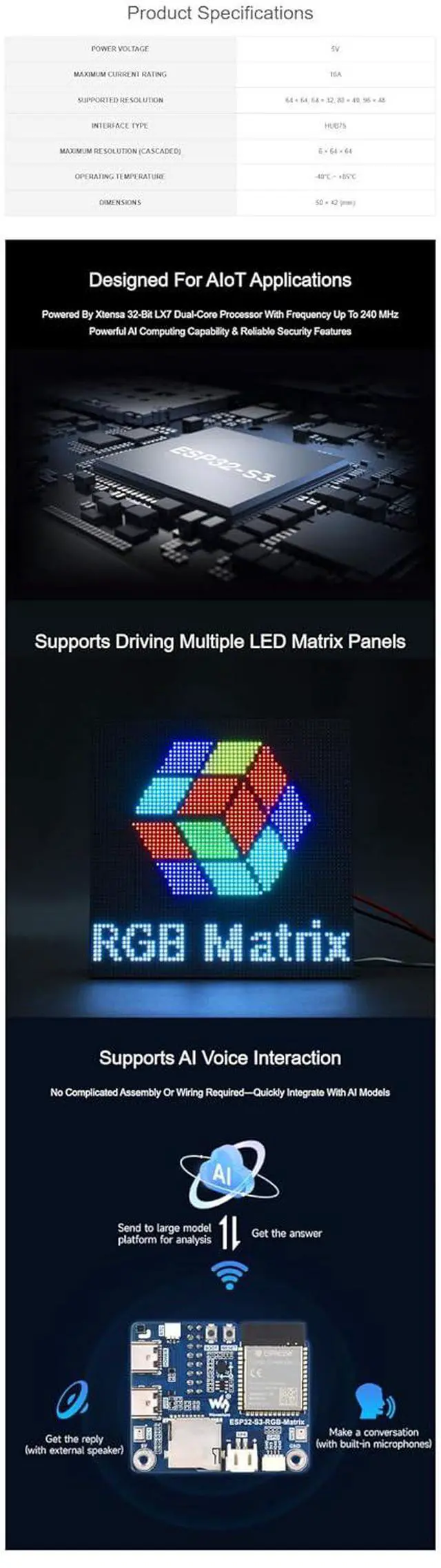 Alt view image 5 of 7 - RGB Matrix Driver Board, ESP32-S3 HUB75 LED Matrix Development Board with Dual Microphone Array, TF Card Slot, RTC, IMU, Audio Codec, LVGL Support for AI Display Projects