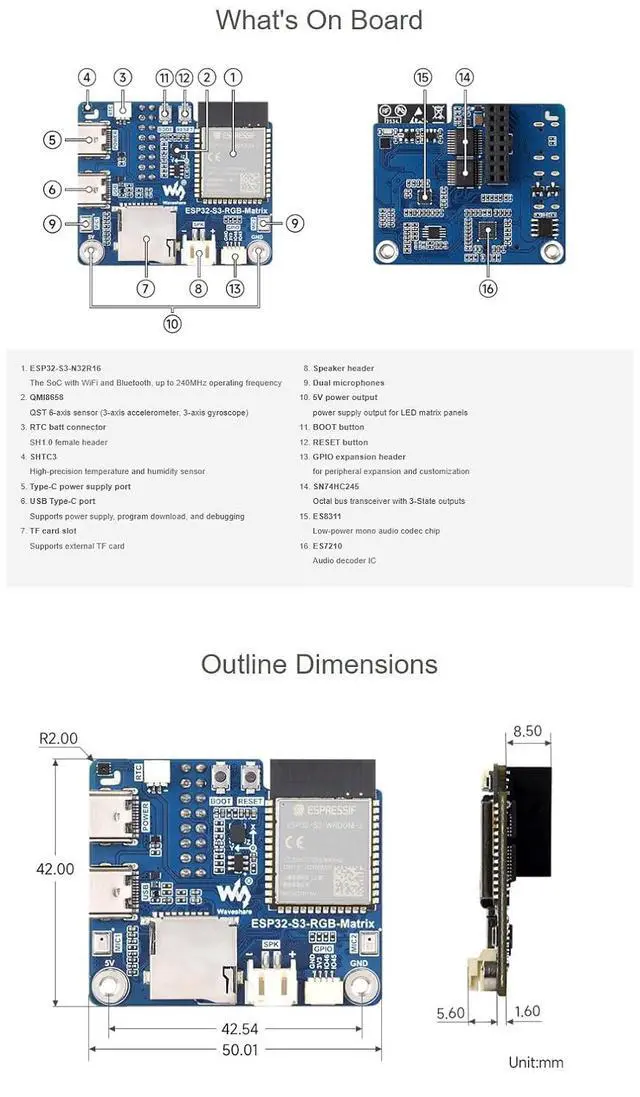 Alt view image 7 of 7 - RGB Matrix Driver Board, ESP32-S3 HUB75 LED Matrix Development Board with Dual Microphone Array, TF Card Slot, RTC, IMU, Audio Codec, LVGL Support for AI Display Projects