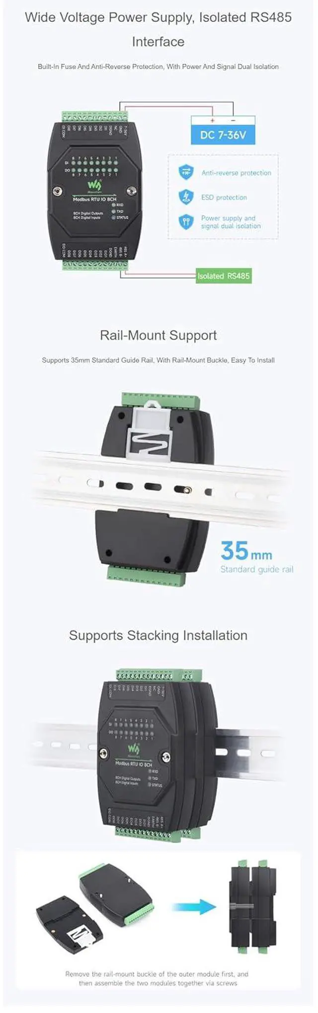 Alt view image 4 of 7 - Modbus RTU IO Module 8DI 8DO, Industrial RS485 Digital Input Output Controller, DC 7-36V Supply, Optocoupler Isolation, 500mA Sinking Open-Drain Outputs, DIN Rail Mount, TVS/Fuse Protection