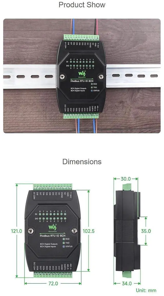 Alt view image 5 of 7 - Modbus RTU IO Module 8DI 8DO, Industrial RS485 Digital Input Output Controller, DC 7-36V Supply, Optocoupler Isolation, 500mA Sinking Open-Drain Outputs, DIN Rail Mount, TVS/Fuse Protection