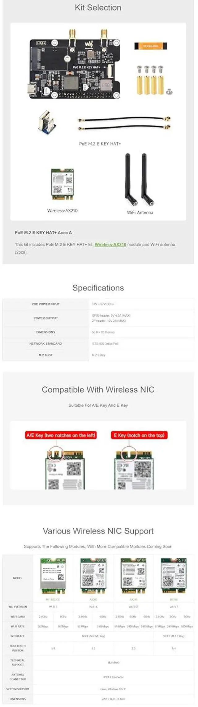 Alt view image 2 of 7 - PCIe to M.2 E Key Adapter with PoE HAT & Wireless-AX210 Module for Raspberry Pi 5, NGFF M.2 E Key NIC Compatible, Power Over Ethernet, 16PIN PCIe Interface, 5V/12V Output, Stackable GPIO Header