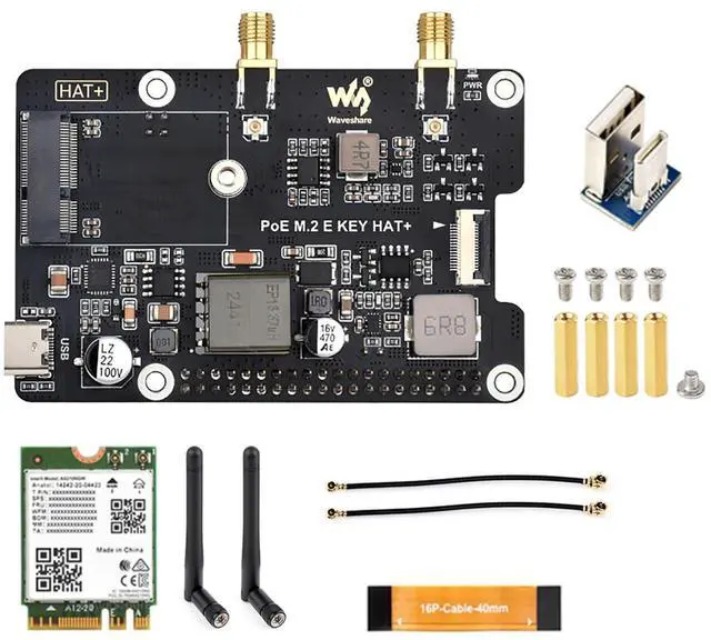 Main image of PCIe to M.2 E Key Adapter with PoE HAT & Wireless-AX210 Module for Raspberry Pi 5, NGFF M.2 E Key NIC Compatible, Power Over Ethernet, 16PIN PCIe Interface, 5V/12V Output, Stackable GPIO Header
