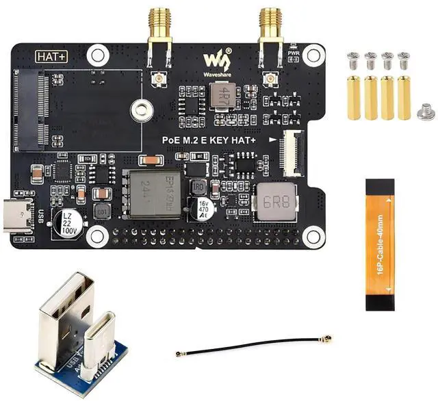 Main image of PCIe to M.2 E Key Adapter with PoE HAT for Raspberry Pi 5 - Supports NGFF M.2 E Key Wireless NIC, PoE Power Supply, Onboard SMA Connector, USB Bluetooth, 16PIN PCIe Interface