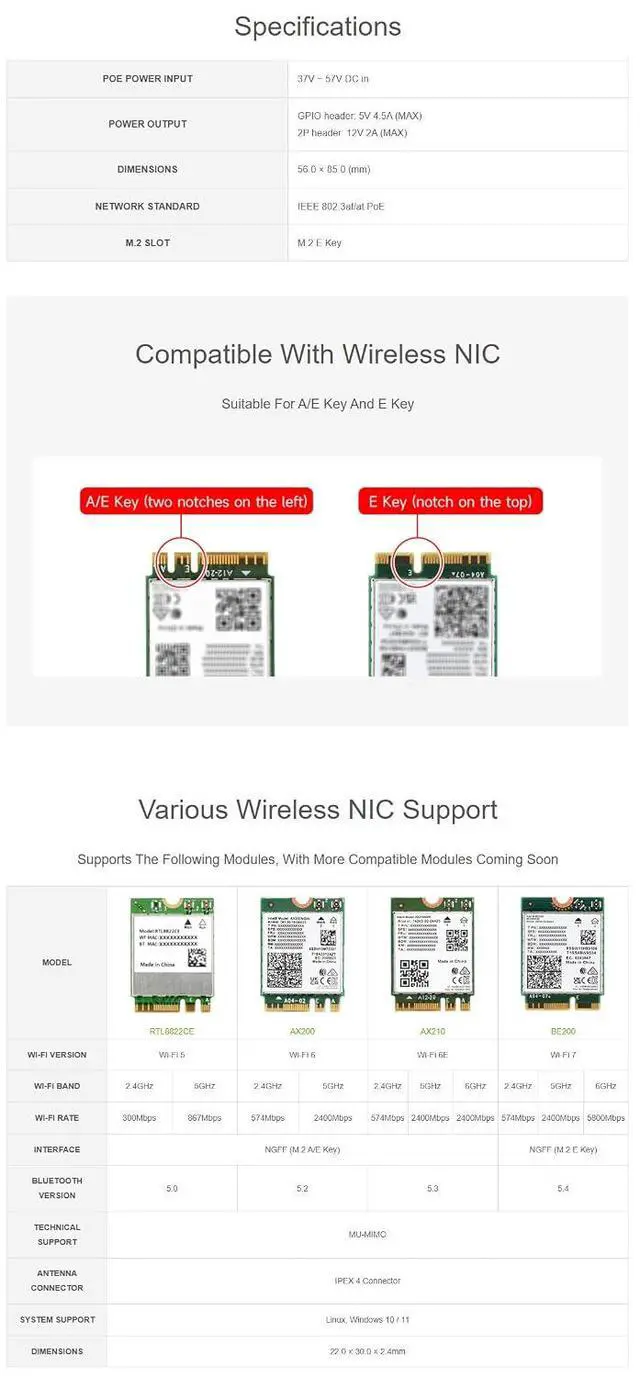Alt view image 4 of 7 - PCIe to M.2 E Key Adapter with PoE HAT for Raspberry Pi 5 - Supports NGFF M.2 E Key Wireless NIC, PoE Power Supply, Onboard SMA Connector, USB Bluetooth, 16PIN PCIe Interface