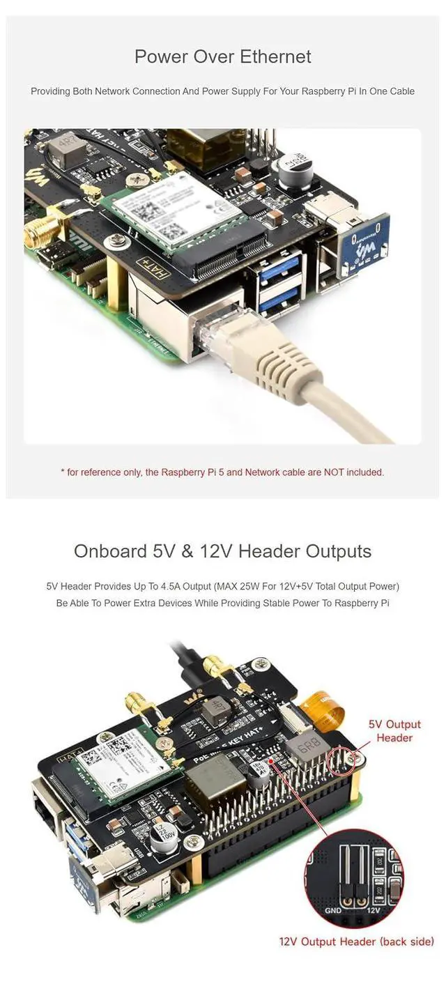 Alt view image 4 of 7 - PCIe to M.2 E Key Adapter with PoE HAT & Wireless-AX210 Module for Raspberry Pi 5, NGFF M.2 E Key NIC Compatible, Power Over Ethernet, 16PIN PCIe Interface, 5V/12V Output, Stackable GPIO Header