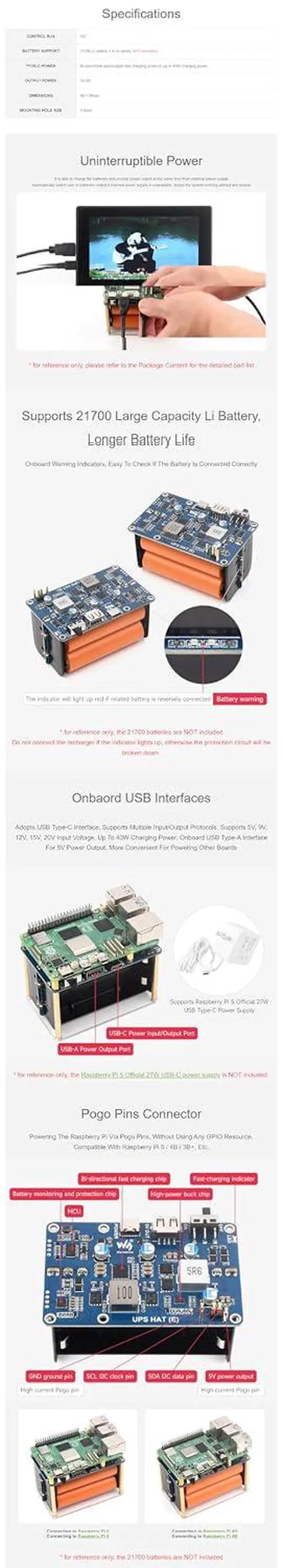 Alt view image 6 of 7 - UPS HAT (E) for Raspberry Pi 5 / 4B / 3B+/Etc. 5V 6A Output USB-C Port Supports Bi-Directional Fast Charging, Pogo Pins Connector for Raspberry Pi UPS