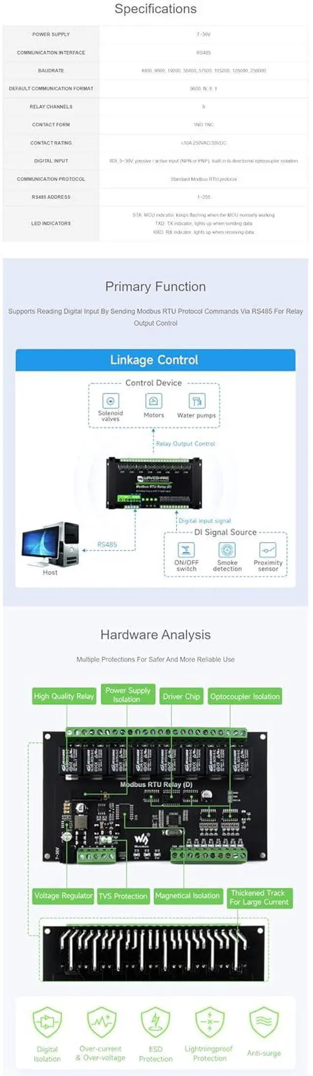 Alt view image 5 of 7 - Industrial 8-Channel Modbus RTU Relay Module with RS485 Communication, Digital Inputs, and Isolated Protection - High Reliability, Safety, and Fast Communication for Industrial Control